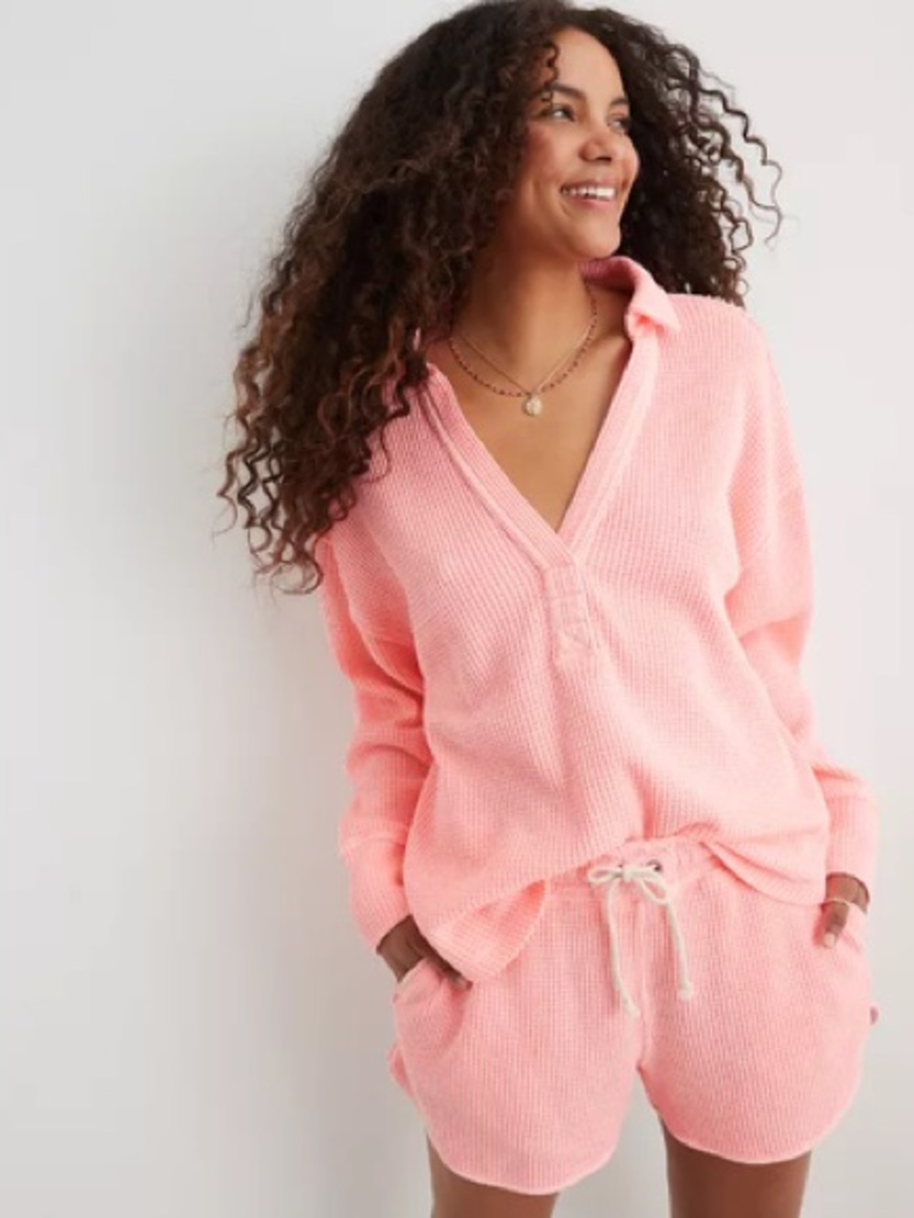Aerie Pink Waffle Knit Lounge Set 2 Piece Loungewear Long Sleeve and Shorts XXS